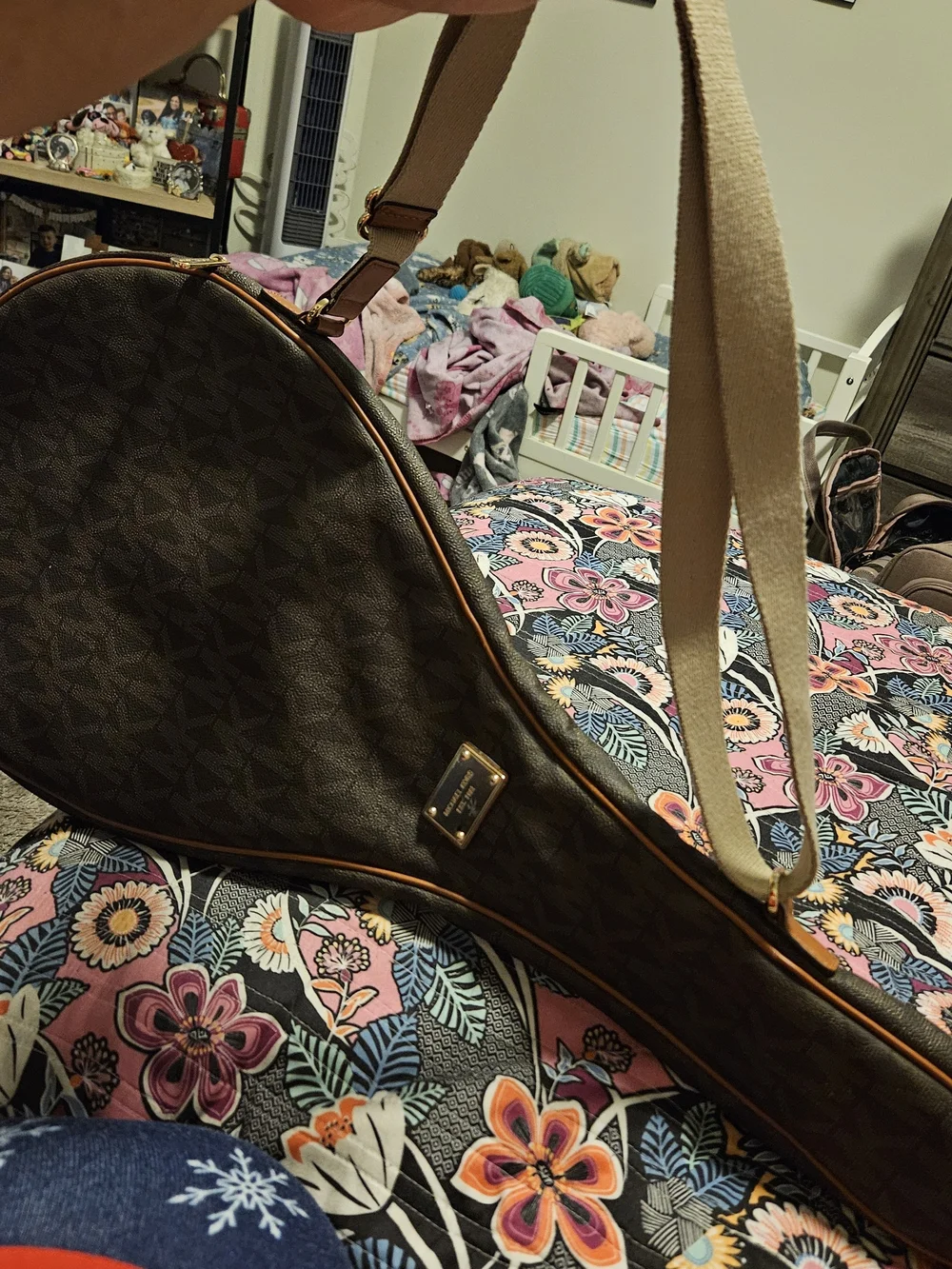 Michael Kors Brown MK Monogram Crossbody Tennis Racket Bag with Tan Trim - Picture 7 of 7